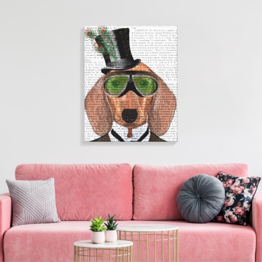 Dachshund Green Goggles Top Hat Canvas Afdruk (Insitu (Woonkamer))