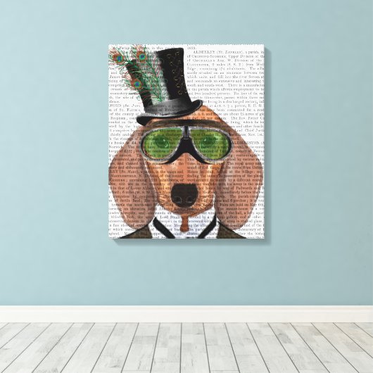 Dachshund Green Goggles Top Hat Canvas Afdruk (Insitu (Houten vloer))