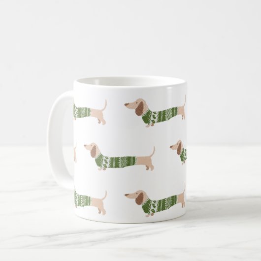 Dachshund Green Ugly KerstSweater Pattern Koffiemok (Voorkant links)
