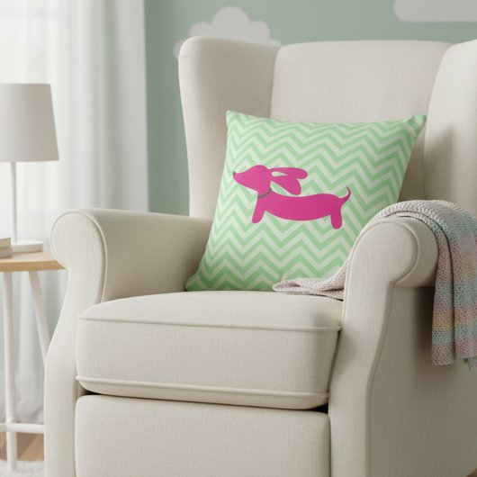 Dachshund + Groene Chevron Kussen