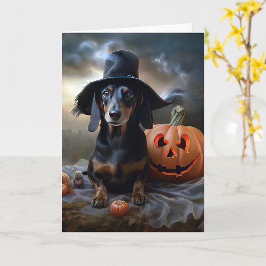 Dachshund Halloween eng Kaart (Gele Bloem)