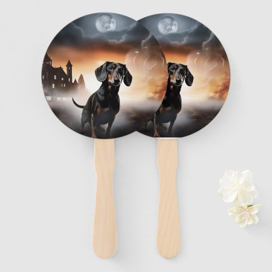 Dachshund Halloween Griezelen Handwaaier (Voorkant en achterkant)
