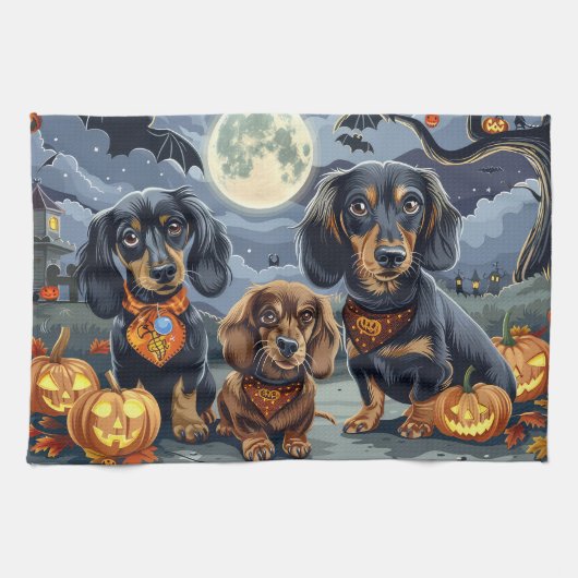 Dachshund Halloween Griezelig Theedoek (Horizontaal)