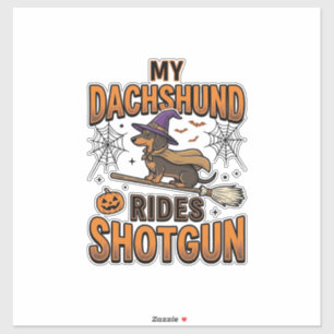 Dachshund Halloween Heks Bezem Rijdt Schot Shotgun Sticker