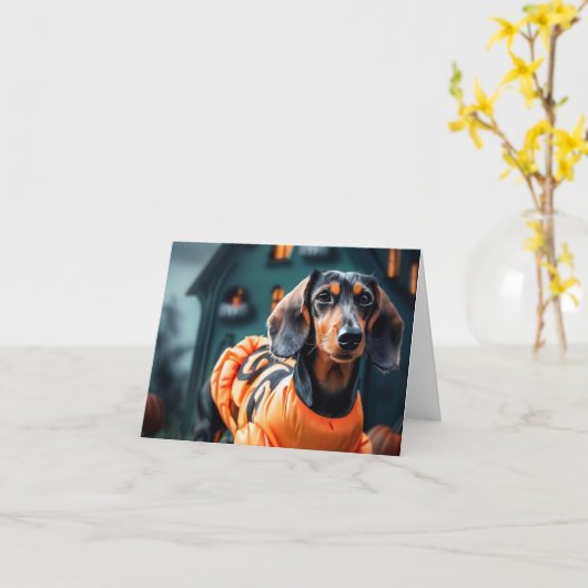 Dachshund Halloween Kaart (Gele Bloem)