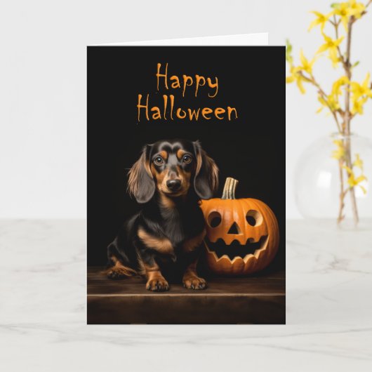 Dachshund Halloween Kaart (Gele Bloem)