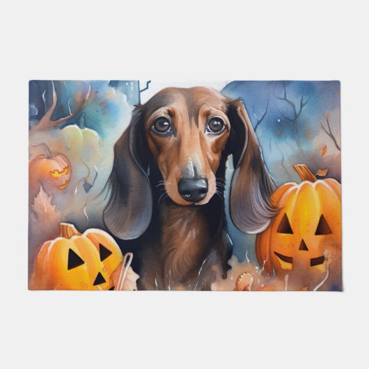 Dachshund Halloween met pompoenen eng Deurmat (Voorkant)