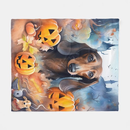 Dachshund Halloween met pompoenen eng Fleece Deken (Voorkant (Horizontaal))
