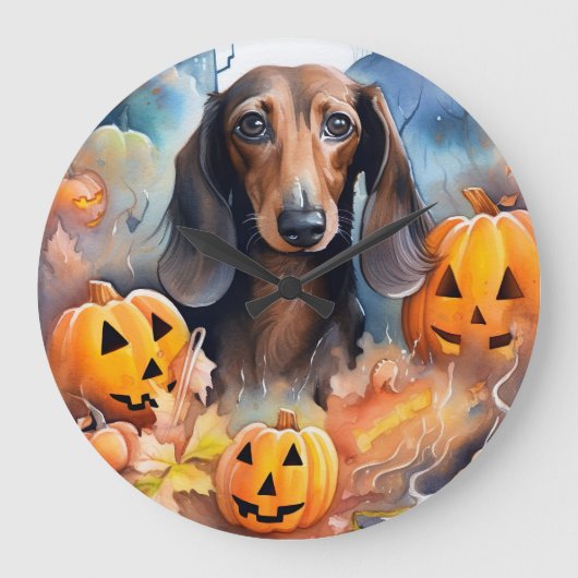 Dachshund Halloween met pompoenen eng Grote Klok (Voorkant)