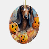 Dachshund Halloween met pompoenen eng Keramisch Ornament (Rechts)