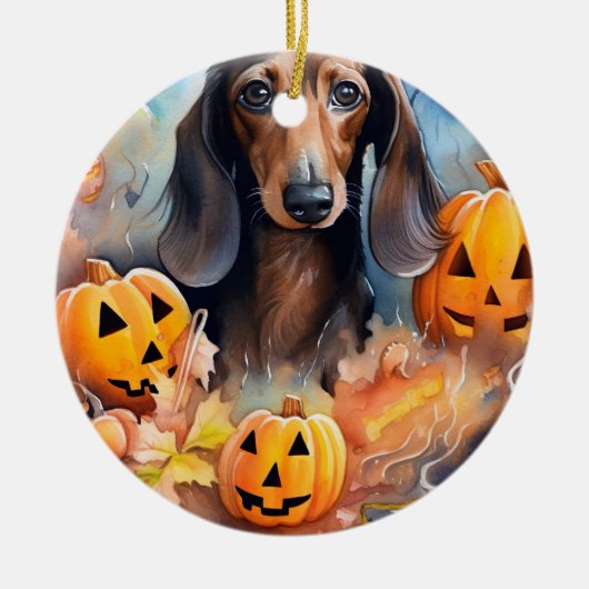 Dachshund Halloween met pompoenen eng Keramisch Ornament (Voorkant)