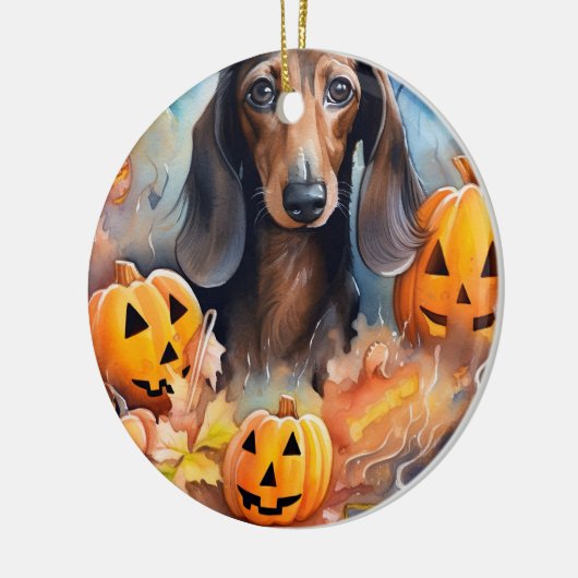 Dachshund Halloween met pompoenen eng Keramisch Ornament (Links)