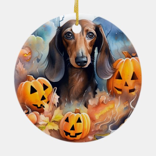 Dachshund Halloween met pompoenen eng Keramisch Ornament (Achterkant)