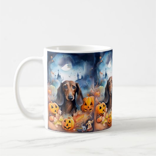 Dachshund Halloween met pompoenen eng Koffiemok (Links)
