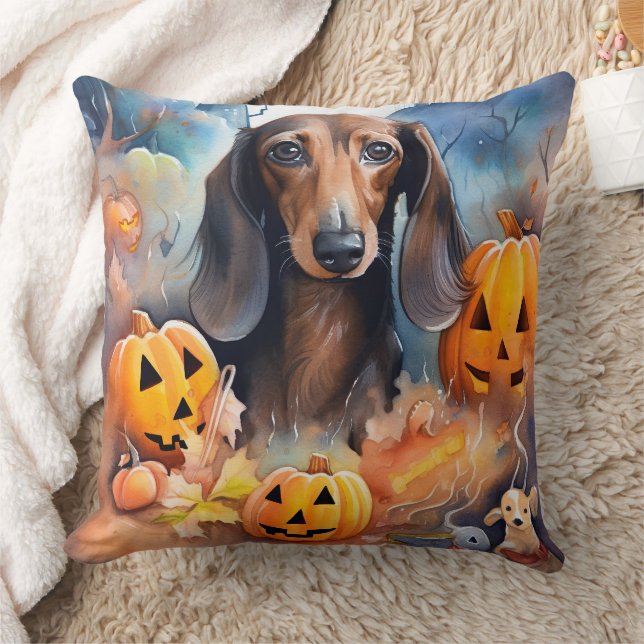 Dachshund Halloween met pompoenen eng Kussen (Deken)