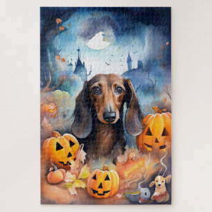 Dachshund Halloween met pompoenen eng Legpuzzel