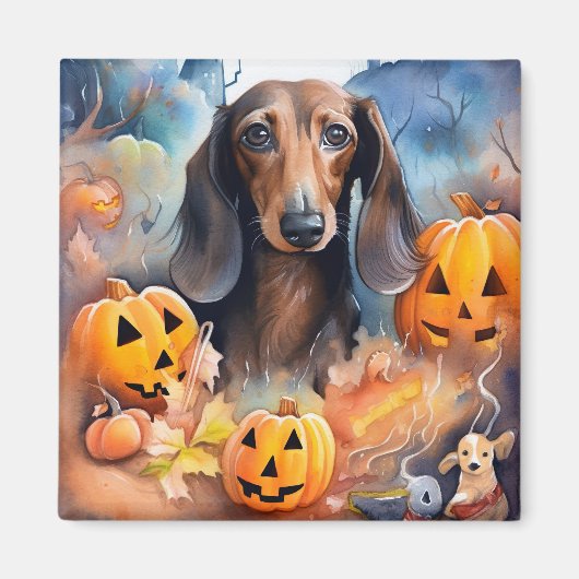 Dachshund Halloween met pompoenen eng Magneet (Voorkant)