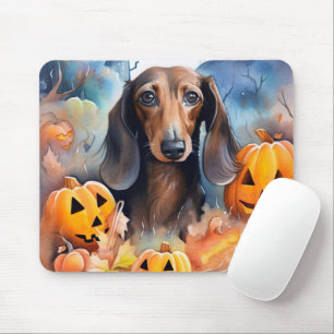 Dachshund Halloween met pompoenen eng Muismat