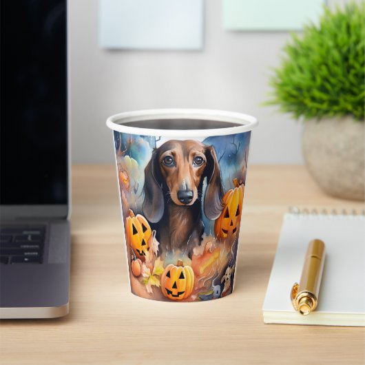Dachshund Halloween met pompoenen eng Papieren Bekers (Insitu)