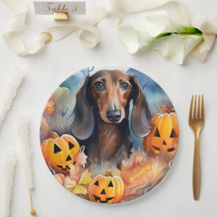 Dachshund Halloween met pompoenen eng Papieren Bordje