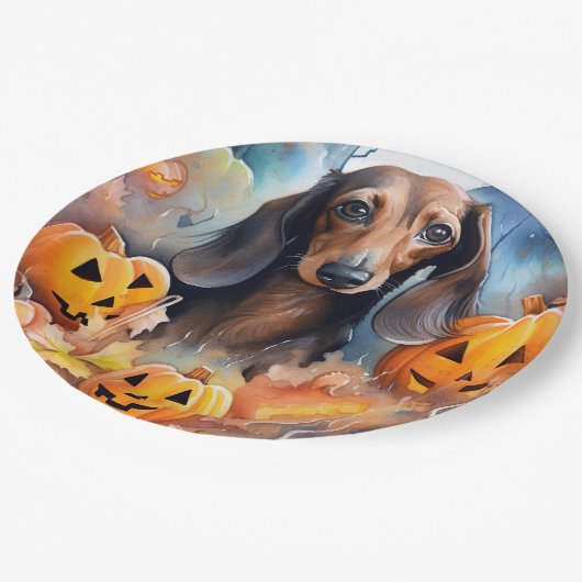 Dachshund Halloween met pompoenen eng Papieren Bordje (Gekanteld)