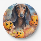 Dachshund Halloween met pompoenen eng Papieren Bordje (Voorkant)