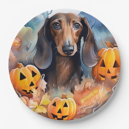 Dachshund Halloween met pompoenen eng Papieren Bordje (Voorkant)