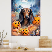Dachshund Halloween met pompoenen eng Poster (Keuken)