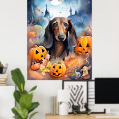 Dachshund Halloween met pompoenen eng Poster (Thuiskantoor)