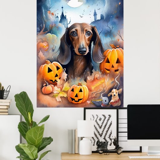 Dachshund Halloween met pompoenen eng Poster (Thuiskantoor)