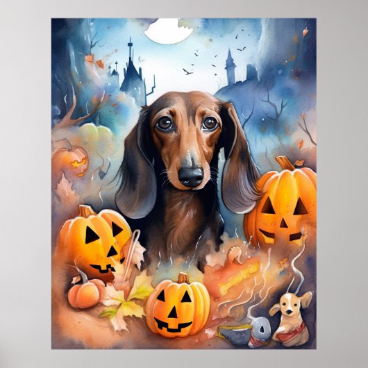 Dachshund Halloween met pompoenen eng Poster (Voorkant)