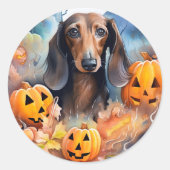 Dachshund Halloween met pompoenen eng Ronde Sticker (Voorkant)