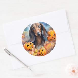 Dachshund Halloween met pompoenen eng Ronde Sticker