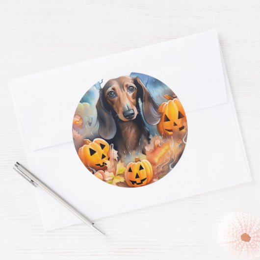 Dachshund Halloween met pompoenen eng Ronde Sticker (Envelop)