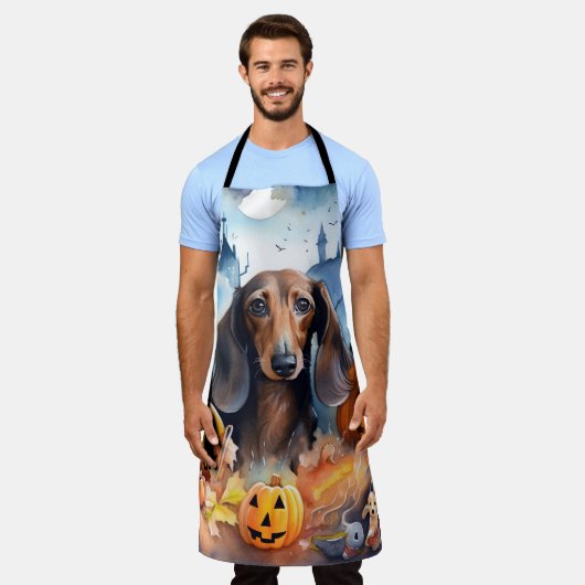 Dachshund Halloween met pompoenen eng Schort (Gedragen)