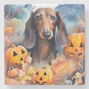 Dachshund Halloween met pompoenen eng Stenen Onderzetter