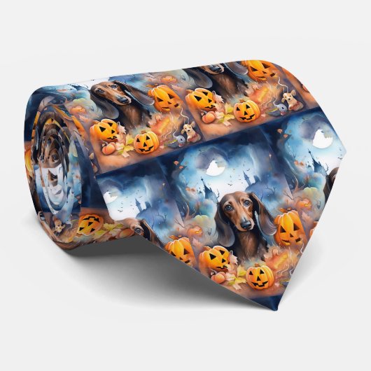 Dachshund Halloween met pompoenen eng Stropdas (Opgerold)
