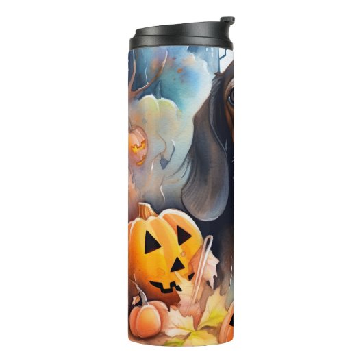 Dachshund Halloween met pompoenen eng Thermosbeker (Gedraaid links)