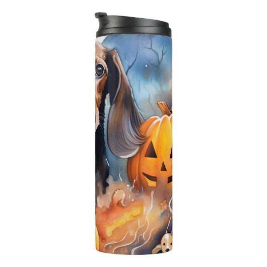 Dachshund Halloween met pompoenen eng Thermosbeker (Geroteerd rechts)