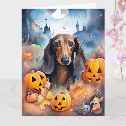 Dachshund Halloween met pompoenen griezelig Kaart (Orchidee)