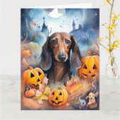 Dachshund Halloween met pompoenen griezelig Kaart (Gele Bloem)