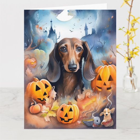 Dachshund Halloween met pompoenen griezelig Kaart (Gele Bloem)
