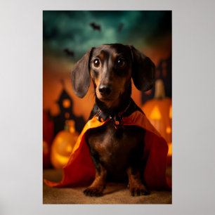 Dachshund Halloween Print, Hond in Pompoen Kostuum Poster