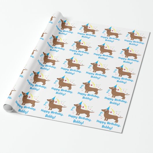 Dachshund Happy Birthday Name Cadeaupapier (Uitgerold)