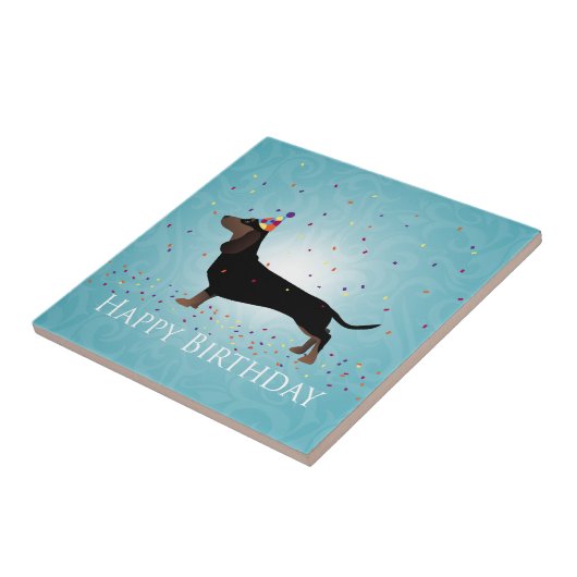 Dachshund Happy Birthday-ontwerp Tegeltje (Zijkant)