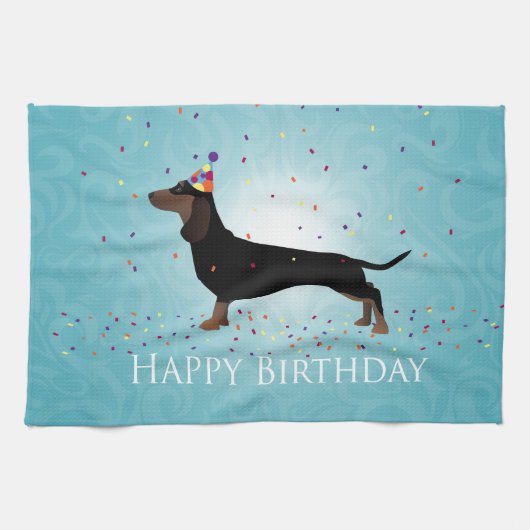 Dachshund Happy Birthday-ontwerp Theedoek (Horizontaal)