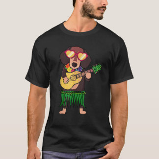 Dachshund Hawaiaanse Kostuum Spelend Ukulele Zomer T-shirt