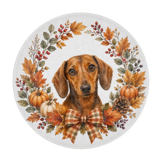 Dachshund Herfstkrans Snijplank (Voorkant)