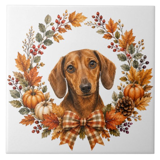Dachshund Herfstkrans Tegeltje (Voorkant)