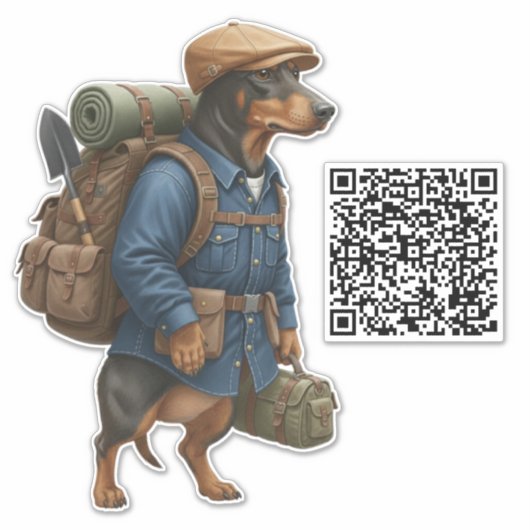 Dachshund Hiker + QR Code Sticker (Voorkant)